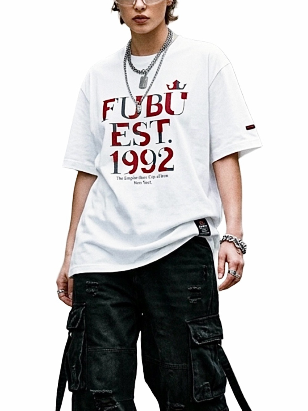 Y2K FUBU The Collection white cotton red velvet spellout crew neck t shirt L